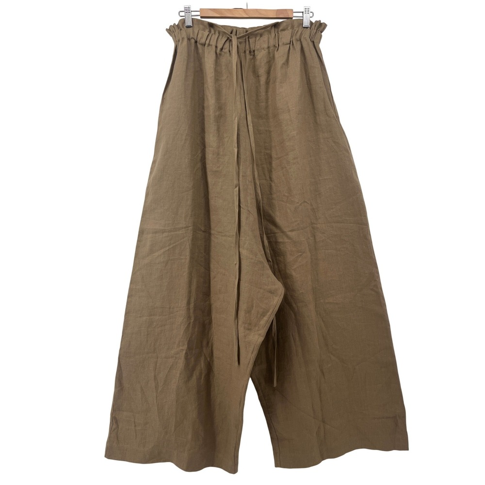 OZMA of California Brown 100% Linen Wide Leg Paperbag Waist Pants Large NWT